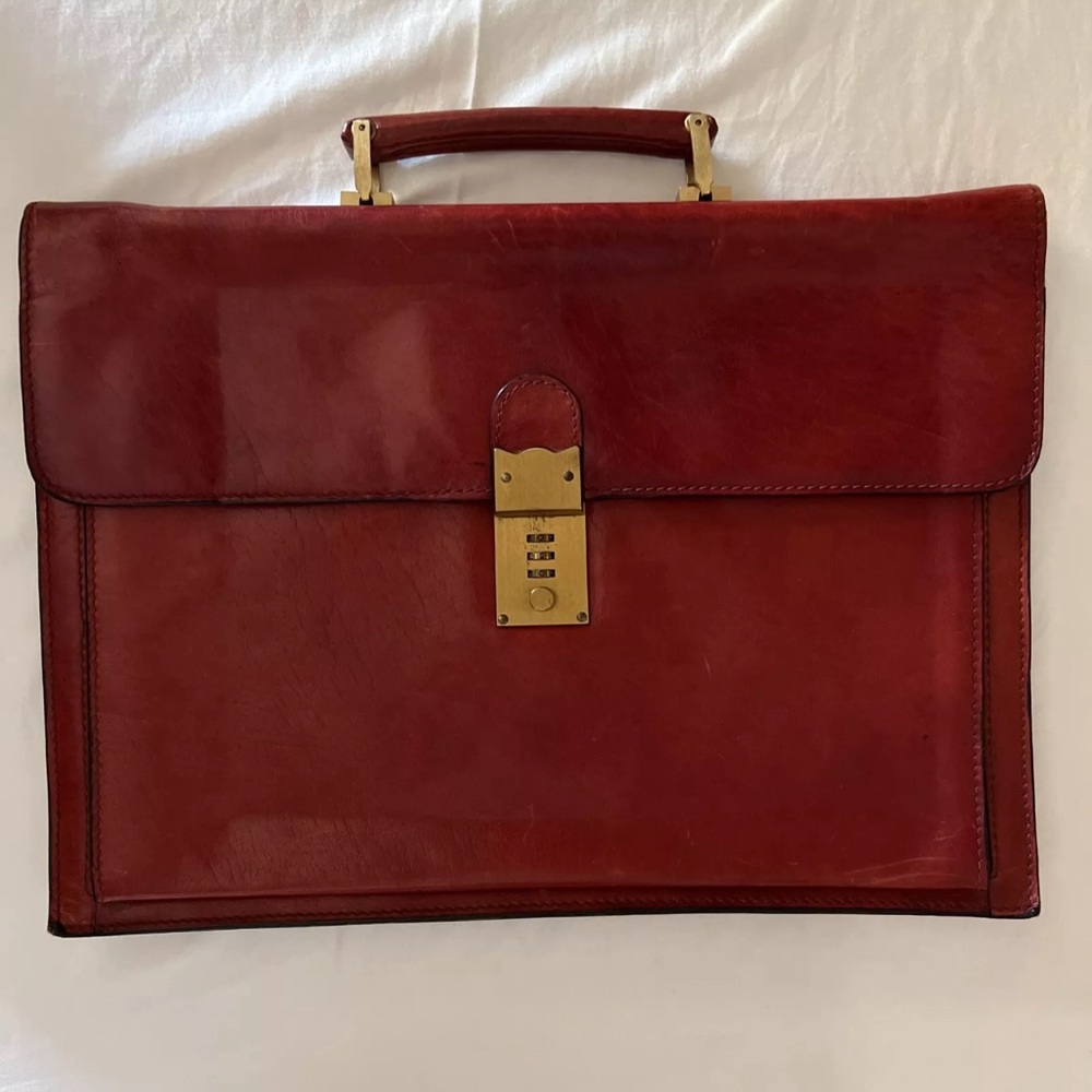 VINTAGE LITO RED LEATHER BAG MECHANICAL LOCK BRIEF CASE SZ 16 X 11 *MADE IN 🇮🇹